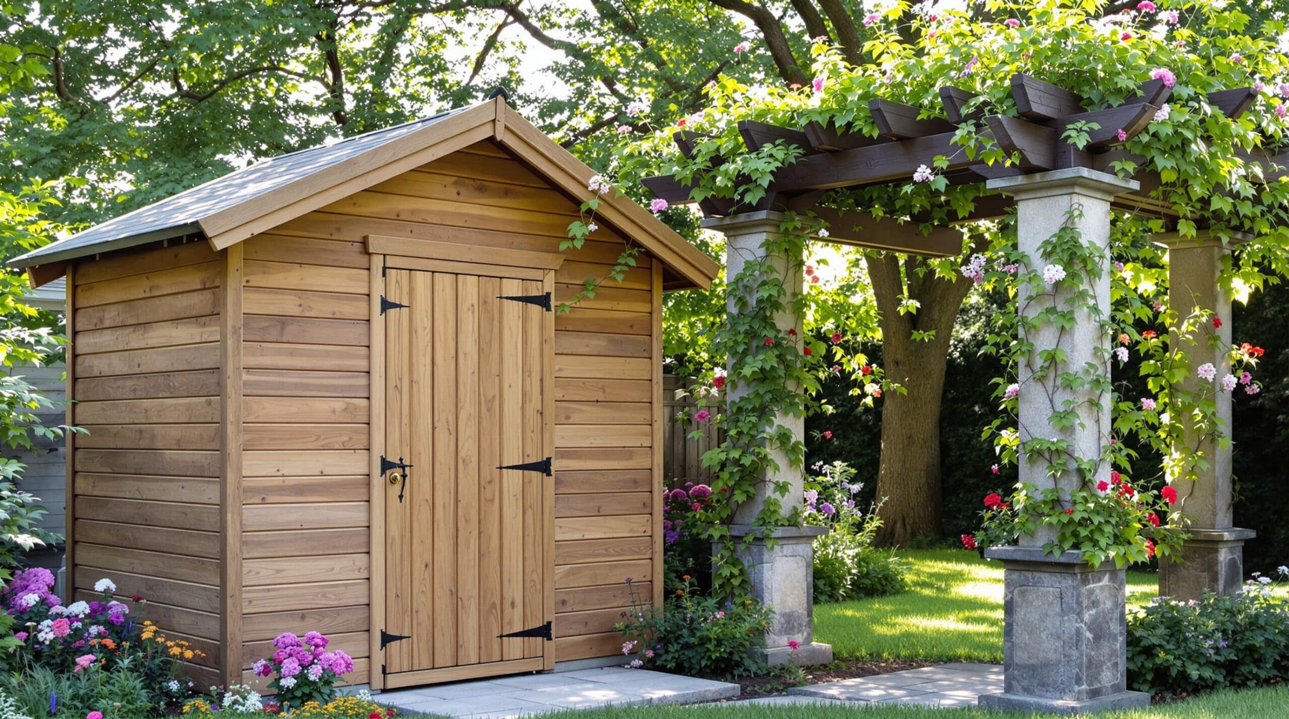 découvrez notre abri de jardin en bois avec pergola à angoulins, alliant esthétique et fonctionnalité. profitez d'un espace extérieur élégant et pratique pour vos loisirs et le rangement de vos outils, tout en ajoutant une touche de charme à votre jardin.